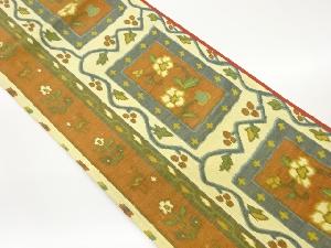 手織り紬縞に短冊・花唐草・動物模様織出し全通洒落袋帯